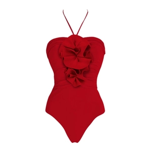 Deep red halter one-piece swimsuit with oversized 3D flower decorations for women