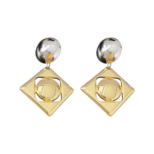 Fashionable geometric two-tone metal earrings with silver dome and gold square frame