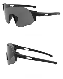 Detail view of black sports sunglasses with matte frames and aerodynamic hollow temples