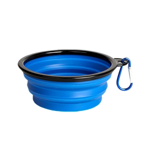Portable blue silicone collapsible pet bowl with black rim and metal climbing carabiner