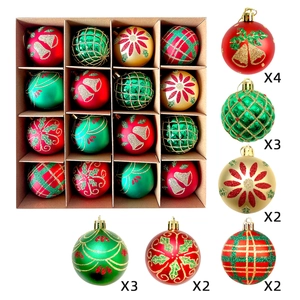 Detail view of 16-piece Christmas ball set with glitter and hand-painted patterns in a box