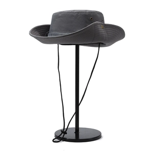 Outdoor sun protection bucket hat with adjustable chin strap and wide brim in grey color