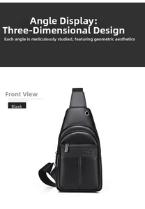 Front view of black textured leather chest bag with zipper pockets and metal earphone hole