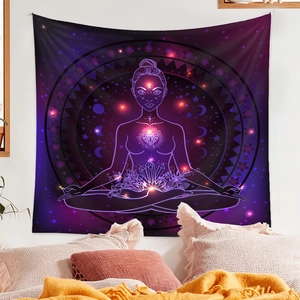 Detailed close-up of a meditation yoga tapestry with chakras and crystals in a bedroom