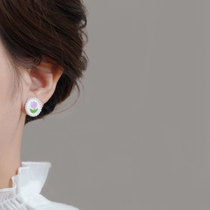 Elegant tulip stud earrings with purple floral pattern and pearl beaded edges for women