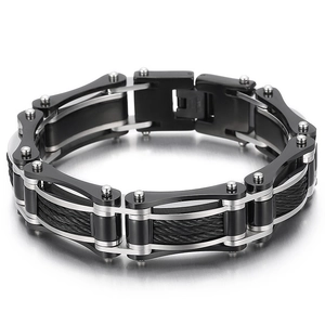 Industrial men's stainless steel cable bracelet with black and silver chain links
