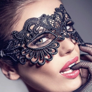 Elegant black lace masquerade eye mask with matching mesh gloves for Halloween parties