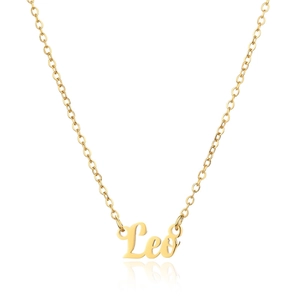 Detailed view of an 18K gold plated Leo zodiac necklace with a polished metal pendant