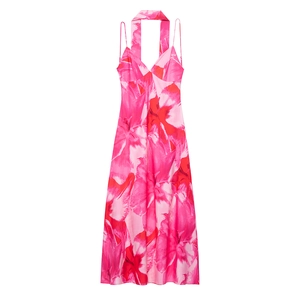 Elegantes Neckholder Midikleid Aus Satin Mit Blumendruck Für Damen V-Ausschnitt Ärmellos A-Linie Rückenfrei Sommer Urlaub Partykleid