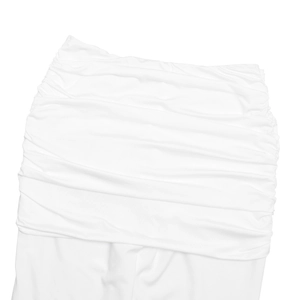 Detail view of the ruched high-waist design and elastic fabric texture in white