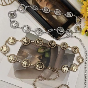 Gold and silver metal chain belts with mushroom relief charms for jeans and dresses