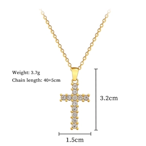 Zircon cross necklace detail showing dimensions and 40+5cm chain length specifications