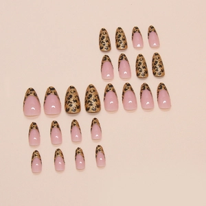 Golden leopard print press-on nails in medium almond shape with 24-piece set