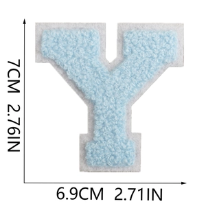 Close-up of light blue chenille letter Y embroidery patch with 7cm size measurements