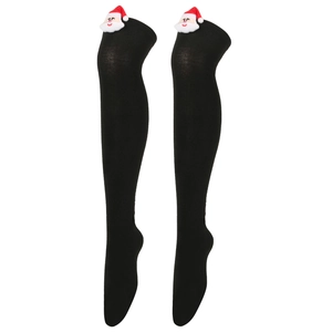 Close-up of black striped over-knee Christmas socks with plush 3D Santa Claus figure