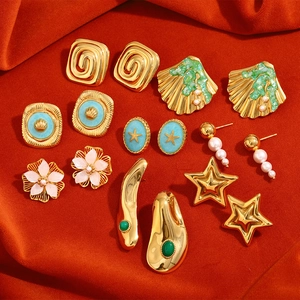 Detailed close-up of 18K gold-plated starfish, shell, and pearl stud earrings set