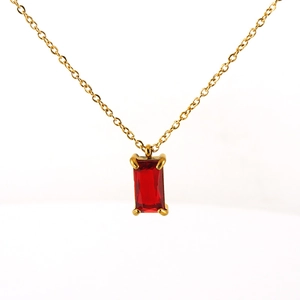 18K gold plated stainless steel necklace featuring a rectangular red zircon pendant