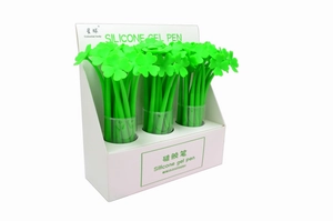 Creative green silicone gel pens with lucky four-leaf clover design in a 48-piece display box