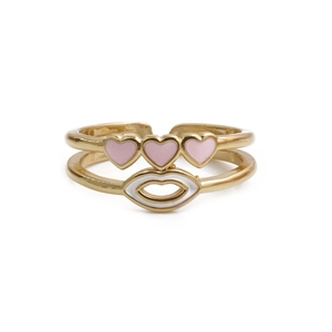 Detail of gold double-layer open ring featuring pink heart and white lip oil drip patterns