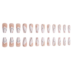 Lot de 24 faux ongles cercueil longs avec design marbre rose, feuille d'or et lignes