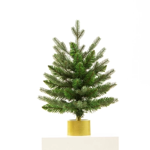 Rotating musical Christmas tree with green flocked needles on a golden base with engraving