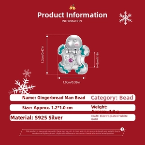 Detailed macro view of S925 silver gingerbread man charm with pink stone and dimensions