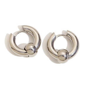 Polished silver stainless steel hoop earrings with central bead detail in minimalist style