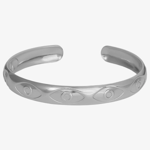 Detail of silver 304 stainless steel Evil Eye cuff bracelet with embossed eye pattern