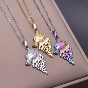 Detailed view of wolf head pendants in silver, gold, and multicolor with tribal patterns