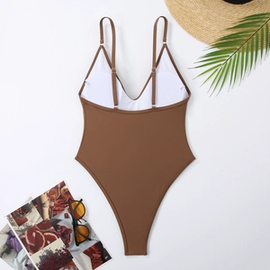 Detailed flat lay of a coffee brown one-piece swimsuit with adjustable straps and deep V-neck