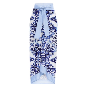 Blue and white Majolica print wrap skirt with light blue waist tie and trim detail