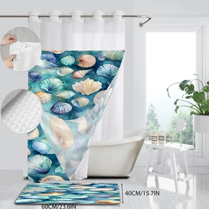 Detail of nautical seashell shower curtain set with waterproof fabric and non-slip bath mat