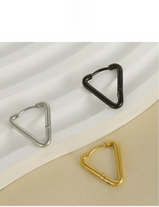 Dettaglio di orecchini a triangolo in titanio oro argento e nero con placcatura sottovuoto 18K