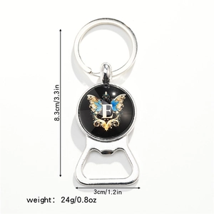 Detailed size and weight view of silver metal bottle opener with blue butterfly design