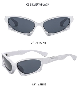 Detailed front and side views of Y2K silver metallic sunglasses with black lenses