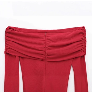Slim fit red off-shoulder chiffon top featuring ruched layers and hidden center zipper