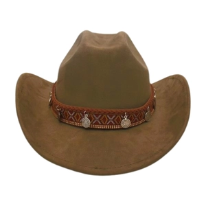 Detail of western cowboy hat featuring ethnic pattern band and hanging silver coins