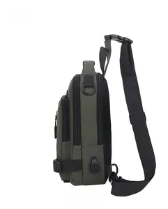 Side view of military green multi-functional chest bag with USB port and zippers