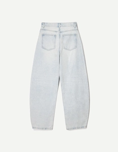 Rear view of light blue wide-leg jeans with vintage wash and classic five-pocket design