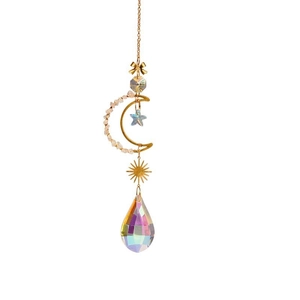 Golden sun moon and star suncatcher with rainbow crystal drop for garden hanging decor