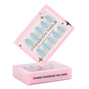 Blue aurora cat-eye short almond press-on nails in transparent pink packaging box