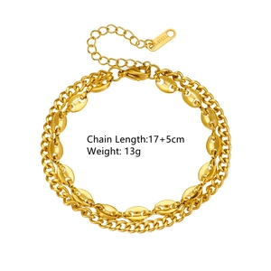 Bracelet double couche en acier inoxydable plaqué or 18k avec mailles café et cubaines