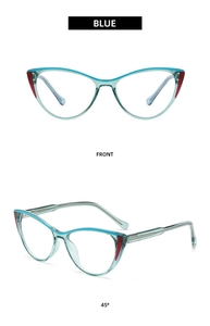 Blue cat-eye glasses detail showing the front and 45-degree angle of the acetate frame