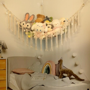 Macrame Stuffed Animal Hammock Large Capacity Toy Storage Net Corner Hanging Organizer Boho Cotton Rope Wall Decor With Tassels