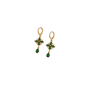 Vintage gold waterdrop earrings with green flower gems and sparkling crystals