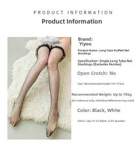 Detail of ruffled fishnet thigh high stockings in nylon blend fabric with size guide