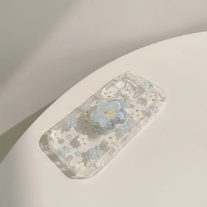 Floral iPhone case with blue flowers and matching glitter liquid quicksand phone socket