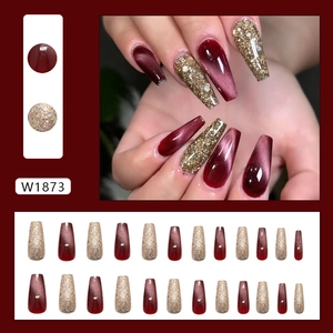 Retro wine red cat eye and gold glitter coffin press on nails, full 24 piece set