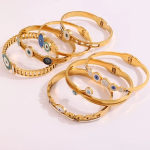 Gold-plated stainless steel evil eye bracelets with colorful enamel and crystal details