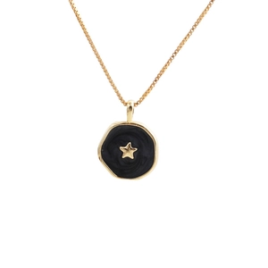 Gold star heart pendant necklace with black enamel inlay on elegant box chain for women